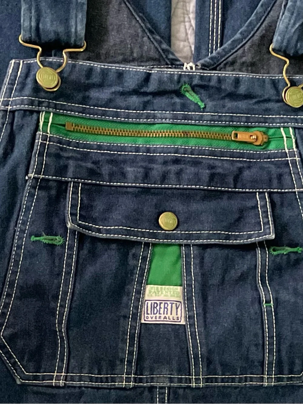 Liberty Denim Overalls Bibs Y2K Darkwash Green Trim   Men’s 36”x 30”